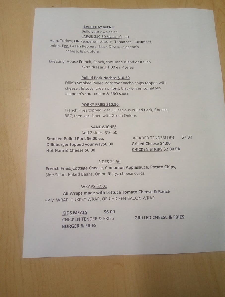 Dille's Smoked Meats and Dillescious Treats menu board
