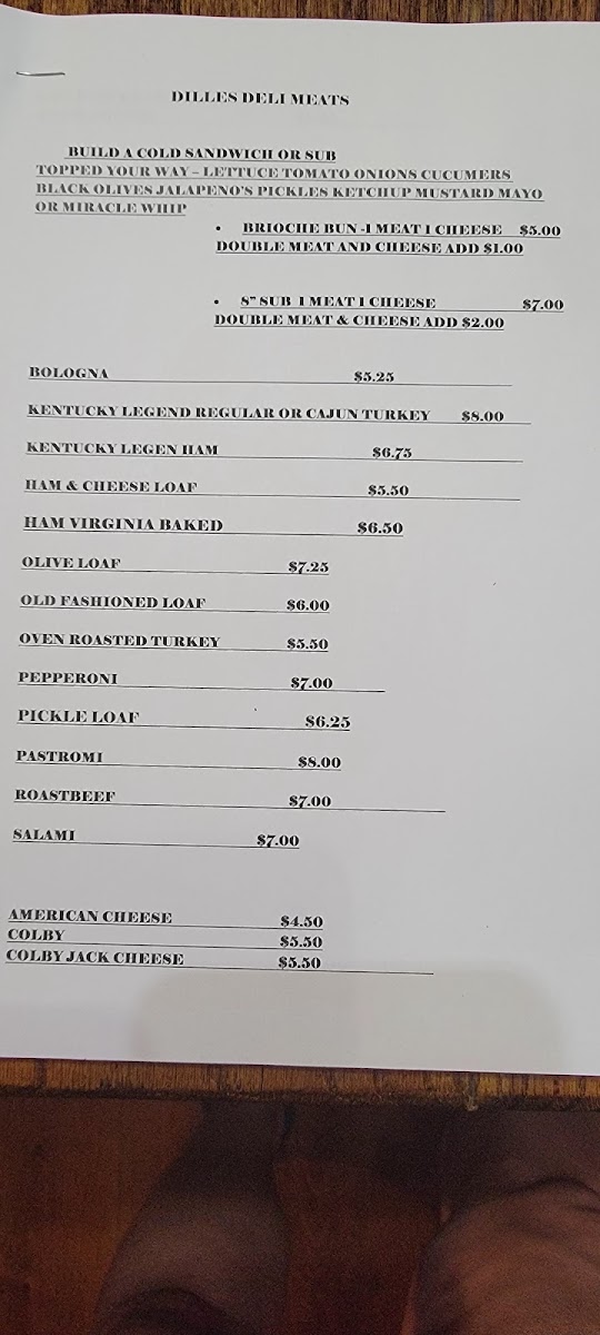 Dille's Smoked Meats and Dillescious Treats menu board