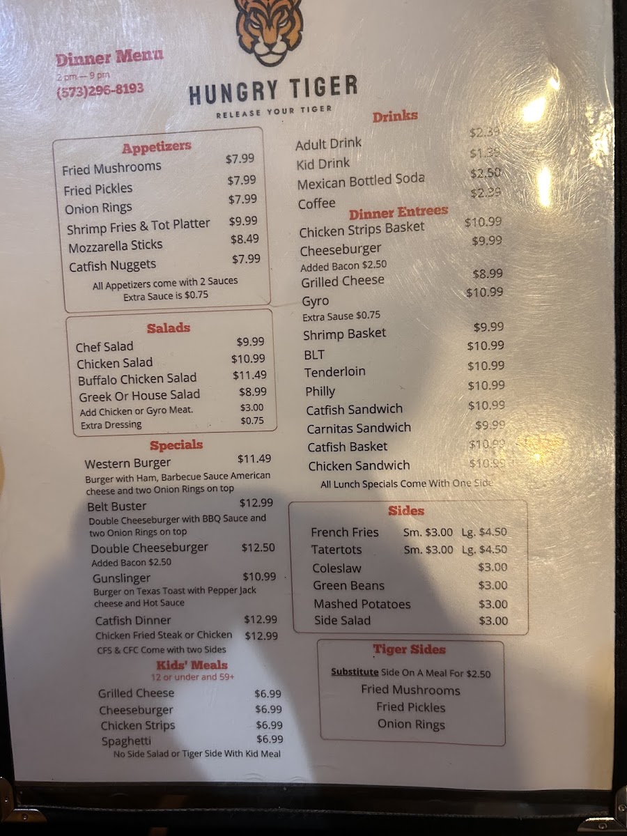 Hungry Tiger menu board