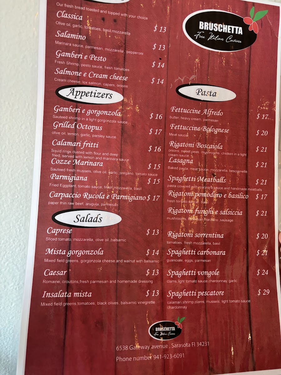 Bruschetta Fine Italian Cuisine menu board
