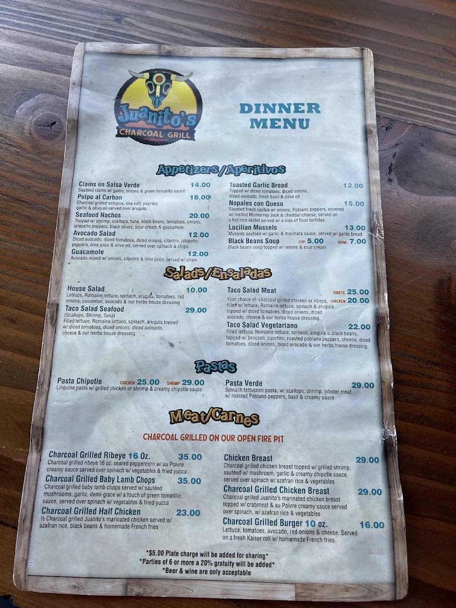 Juanito's Charcoal Grill menu board