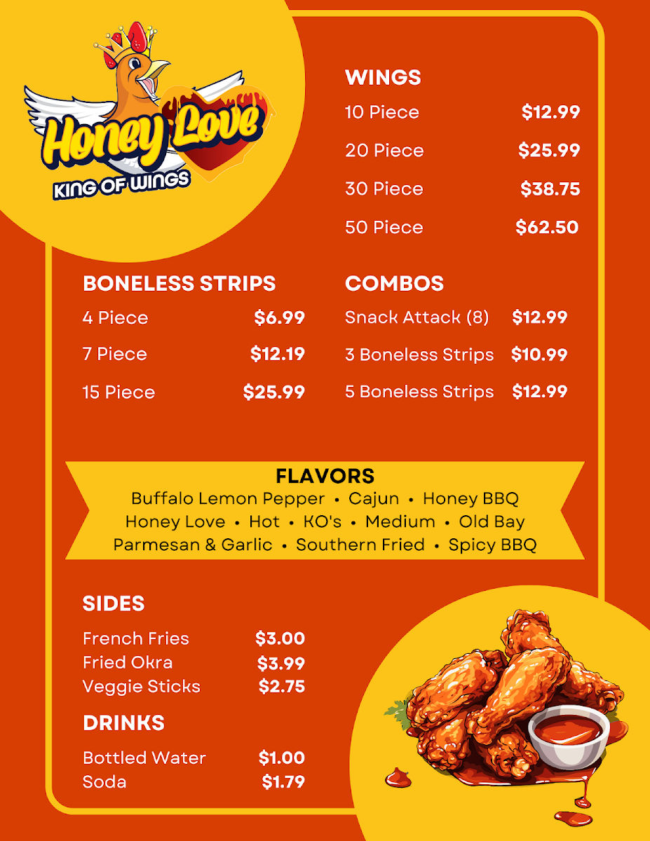 Honey Love Wings OKC menu board