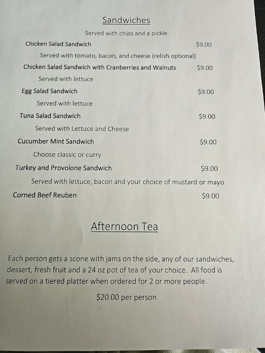 The Tea Room On Main menu board
