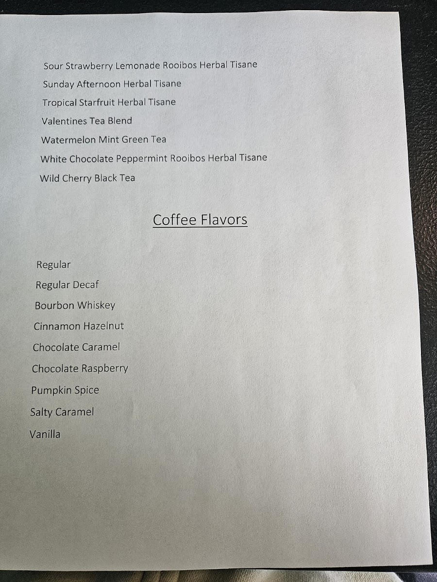 The Tea Room On Main menu board