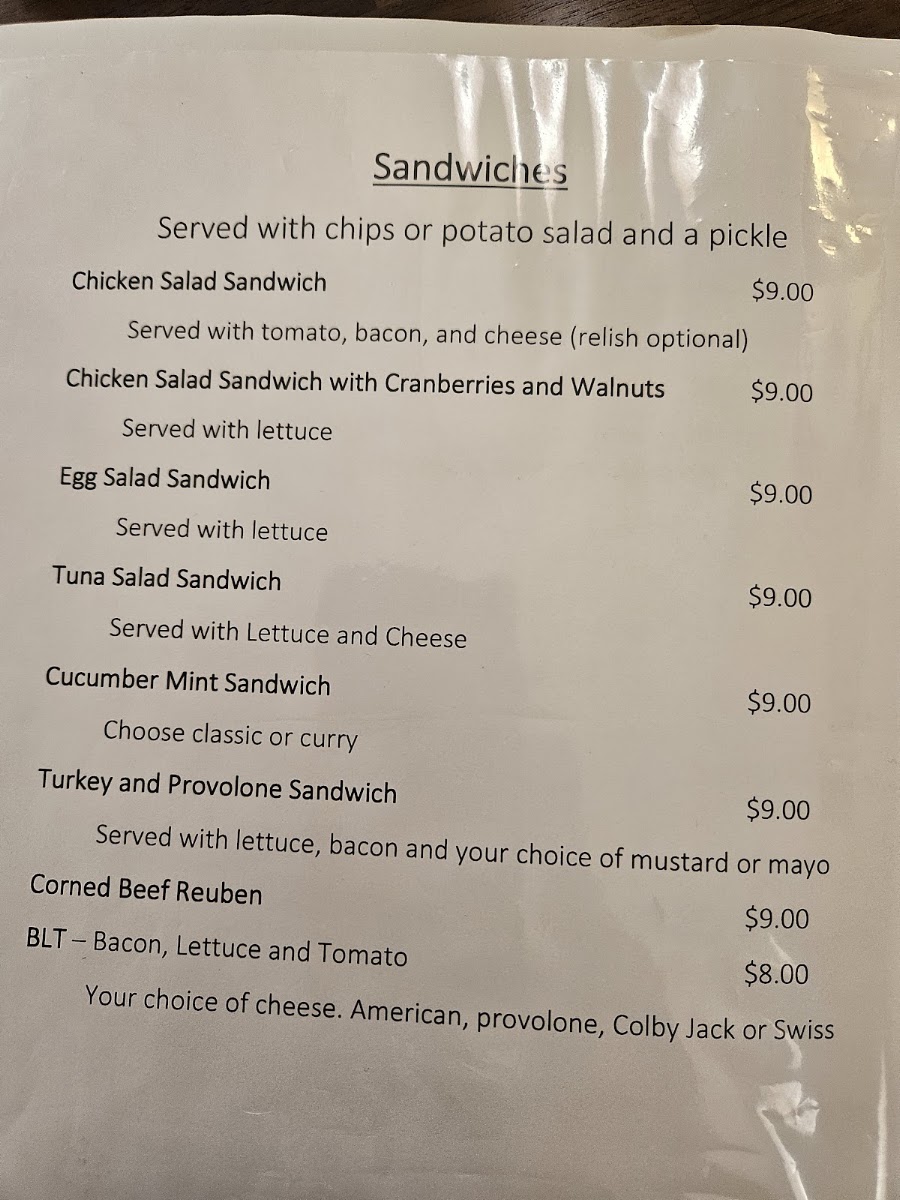 The Tea Room On Main menu board