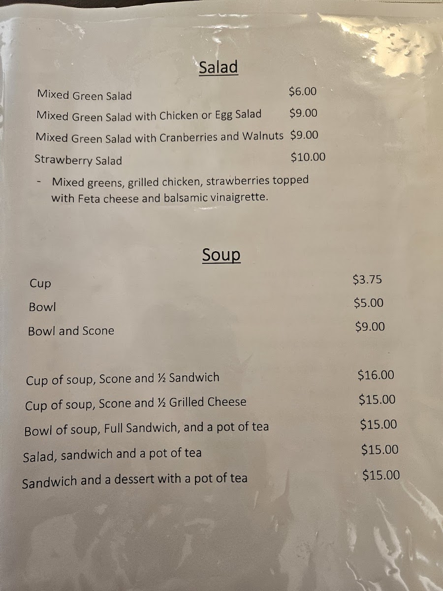 The Tea Room On Main menu board