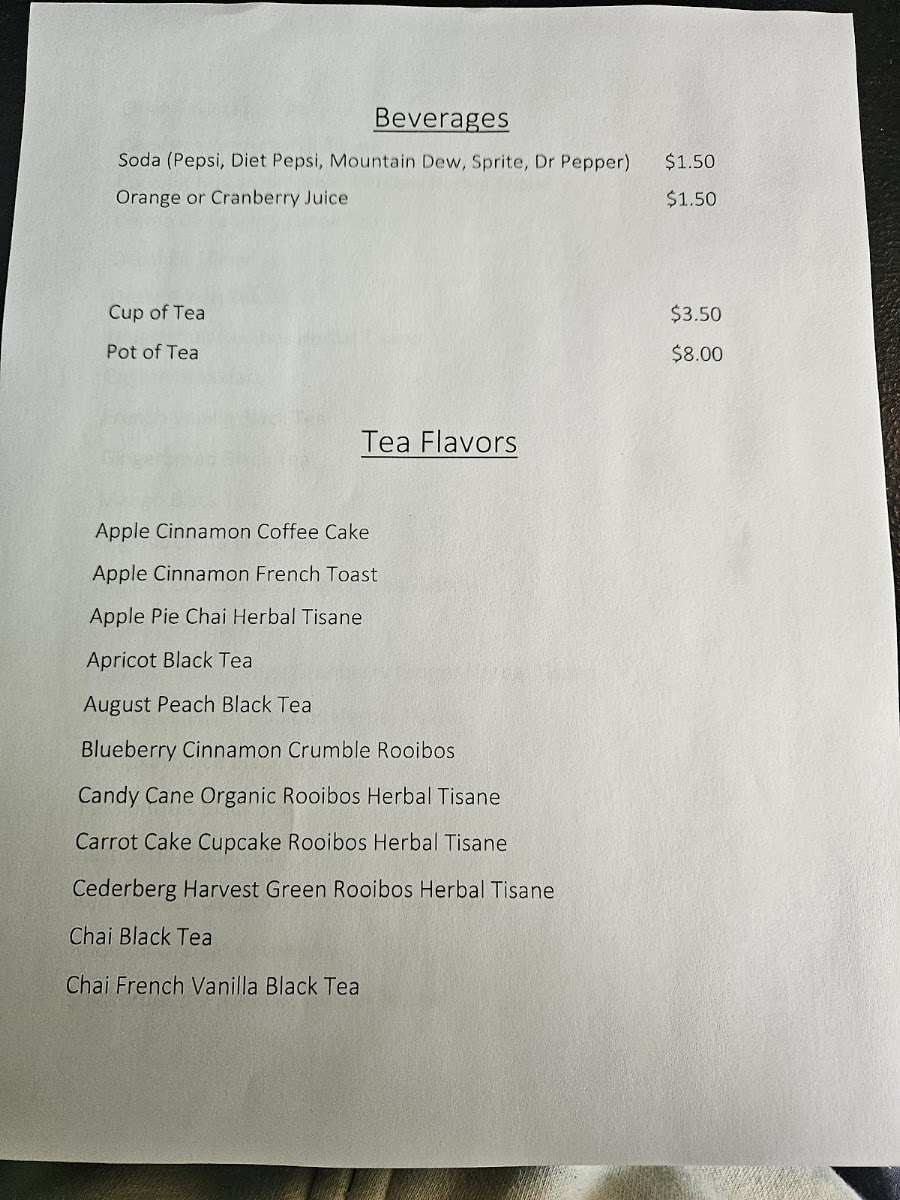 The Tea Room On Main menu board