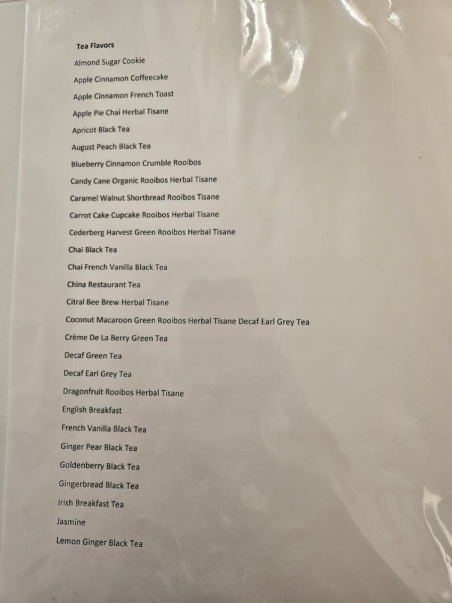 The Tea Room On Main menu board