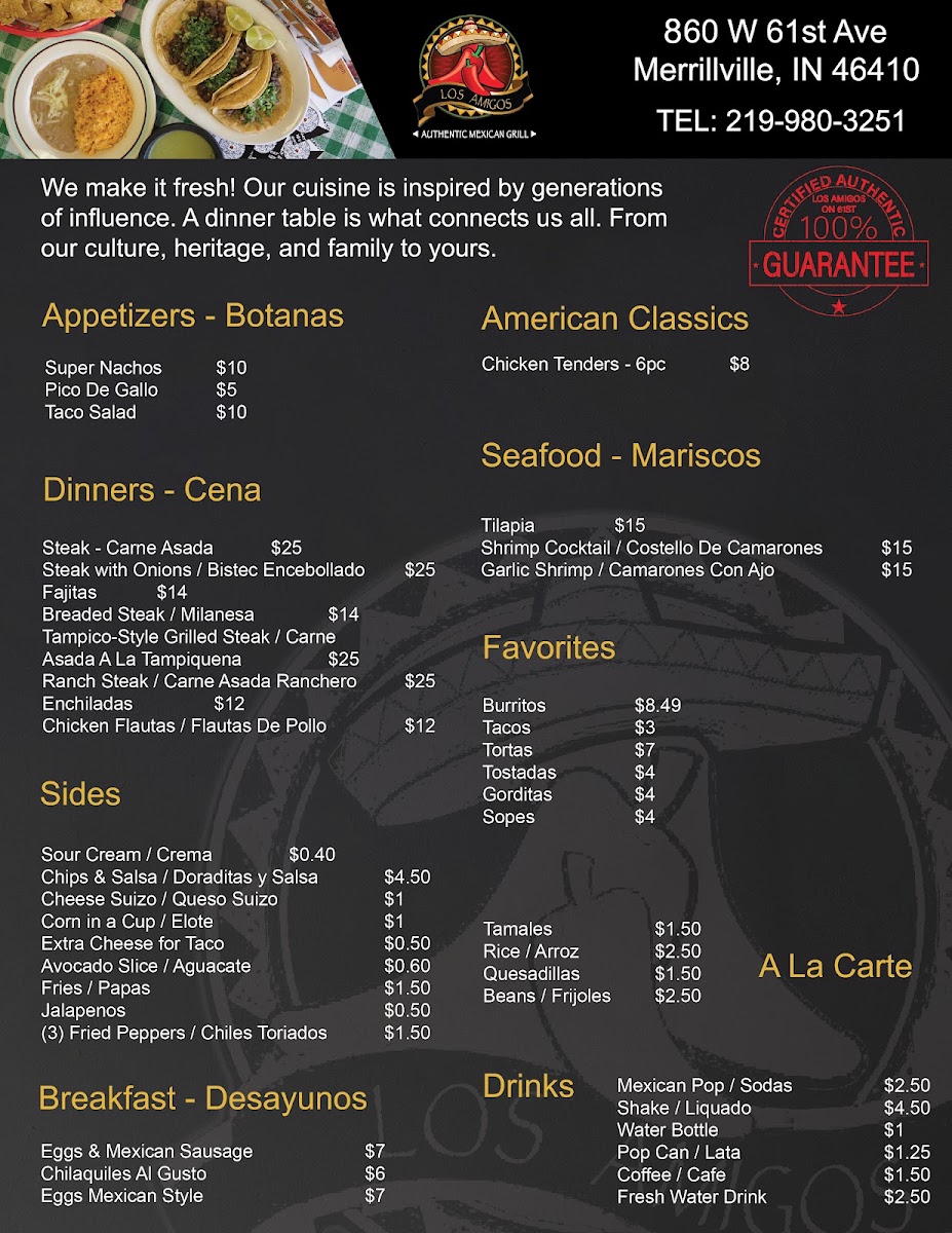 Los Amigos Authentic Mexican Grill menu board