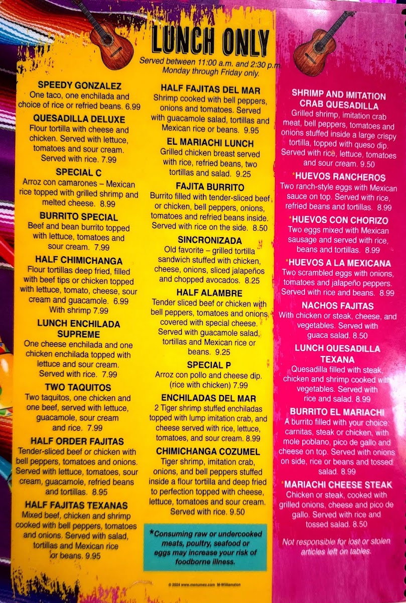 El Mariachi Williamston menu board
