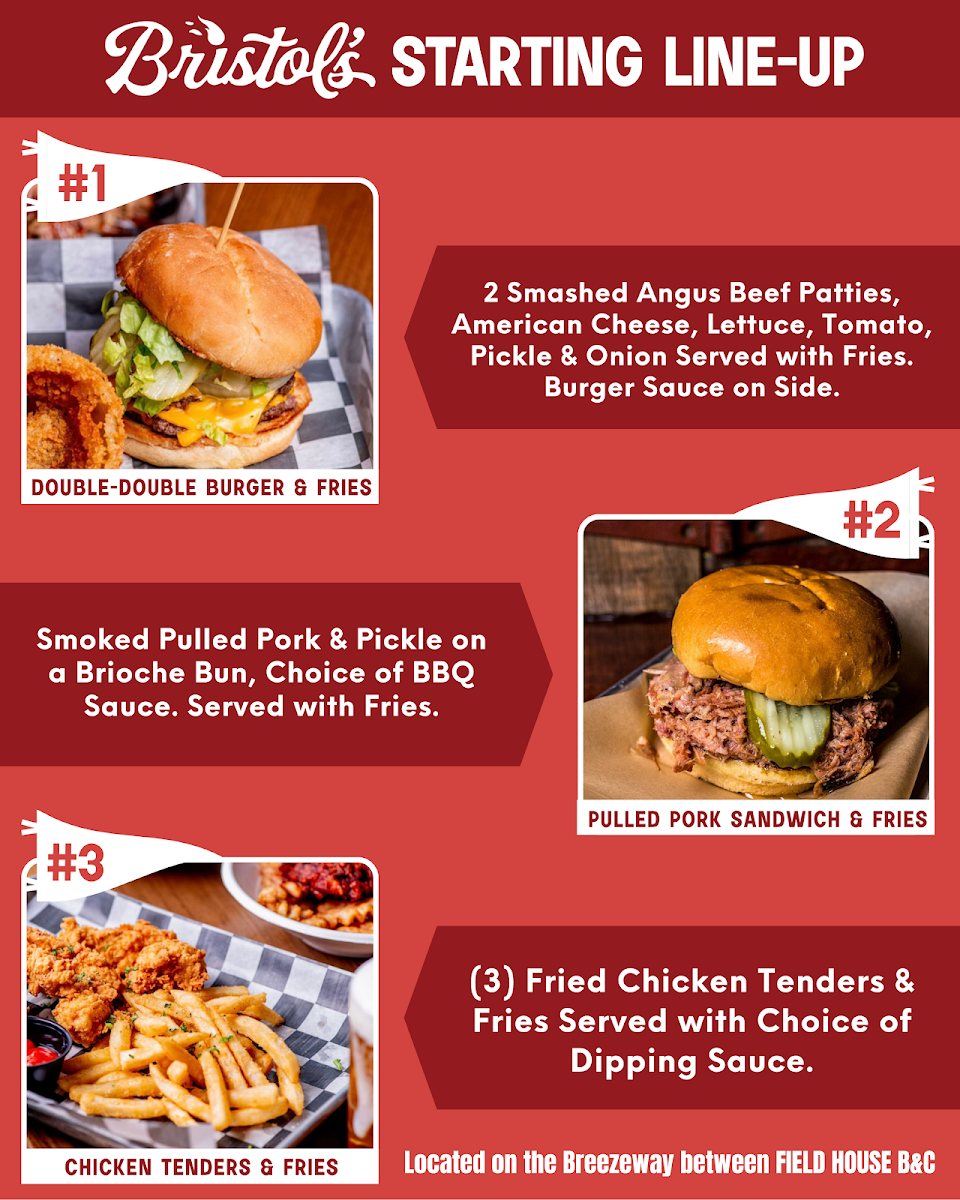Bristol's Burgers, Beef & BBQ Restaurant and Sports Bar menu board