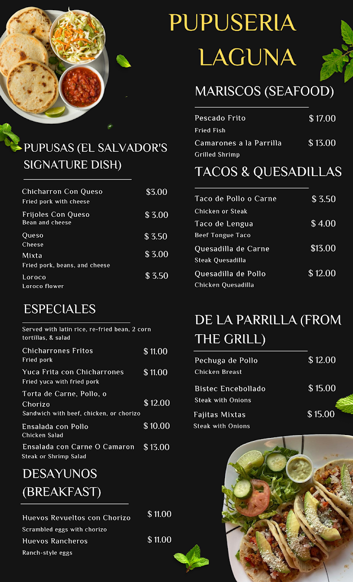 Pupuseria Laguna menu board