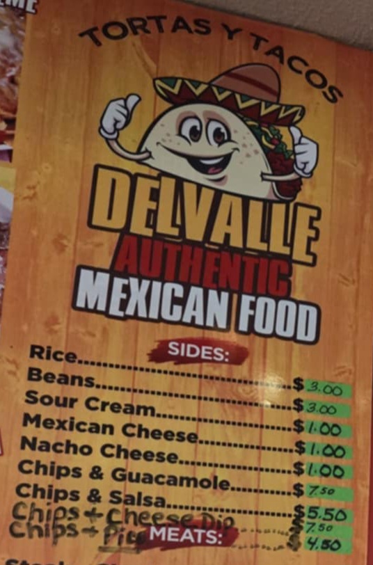 Tortas y Tacos DelValle menu board
