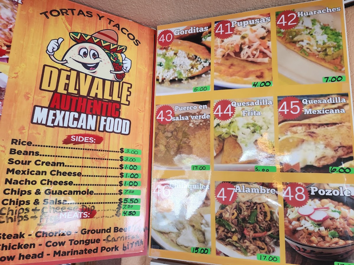 Tortas y Tacos DelValle menu board