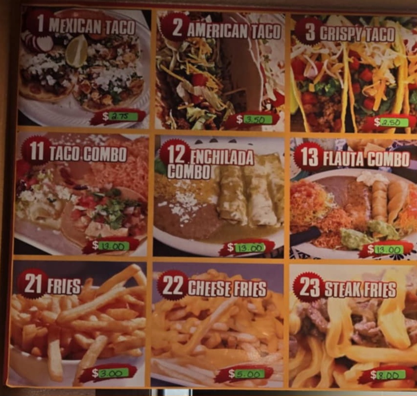 Tortas y Tacos DelValle menu board