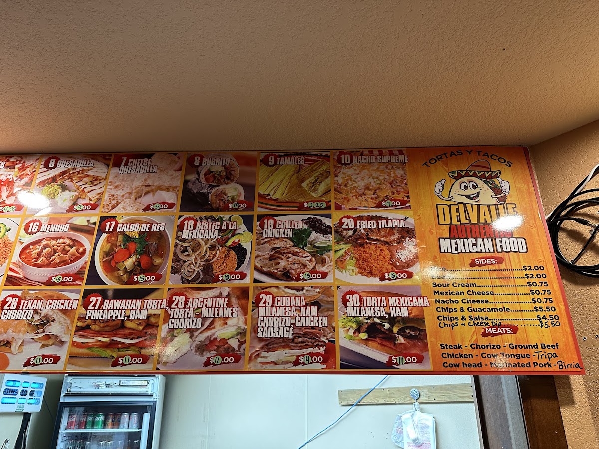 Tortas y Tacos DelValle menu board