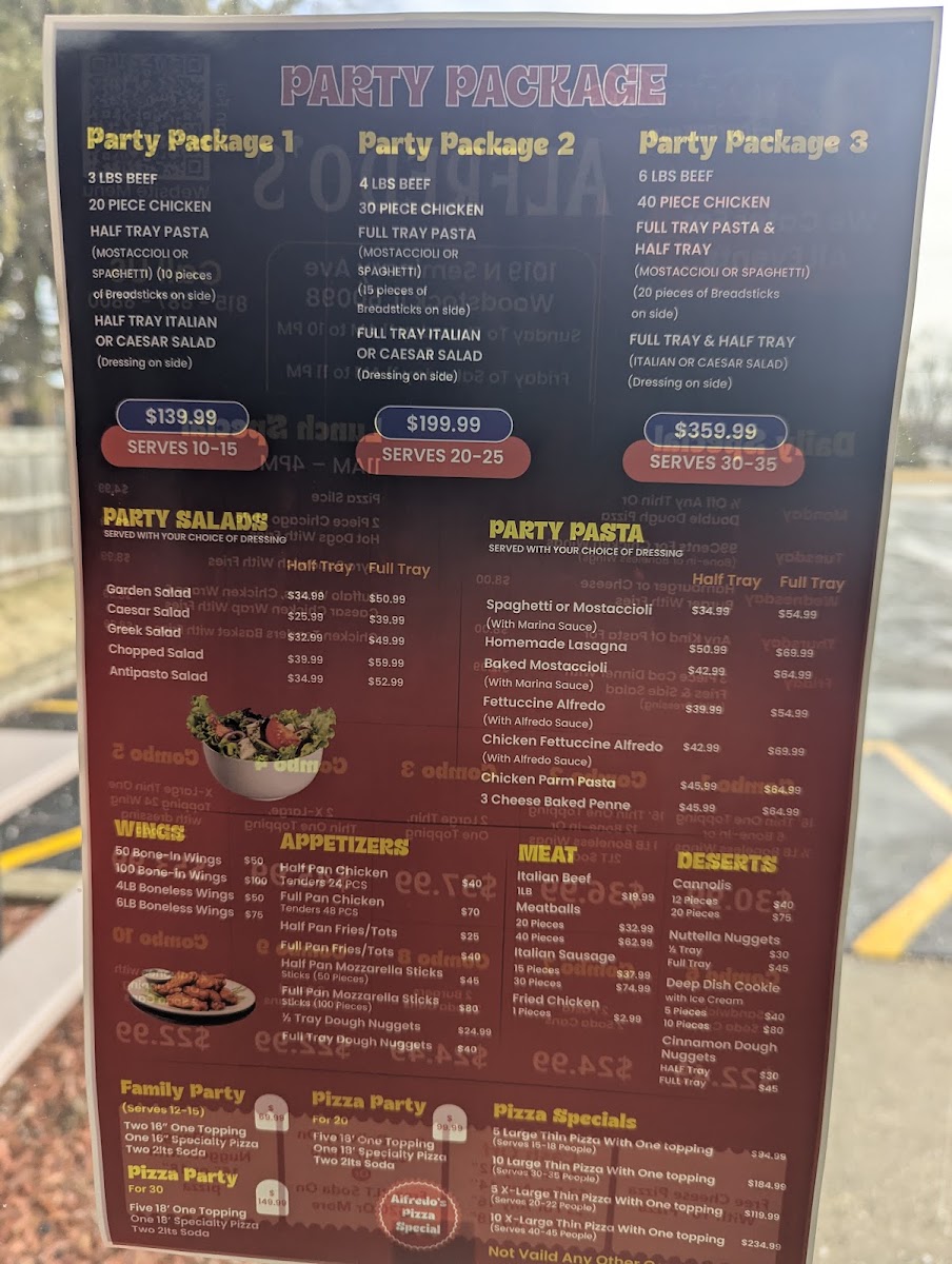 Alfredo's Pizza and Pasta menu board