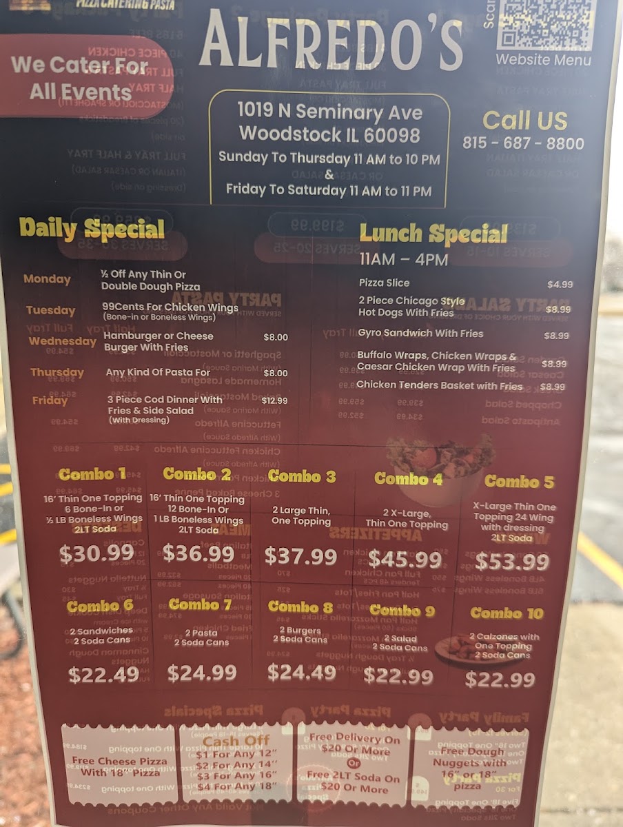 Alfredo's Pizza and Pasta menu board