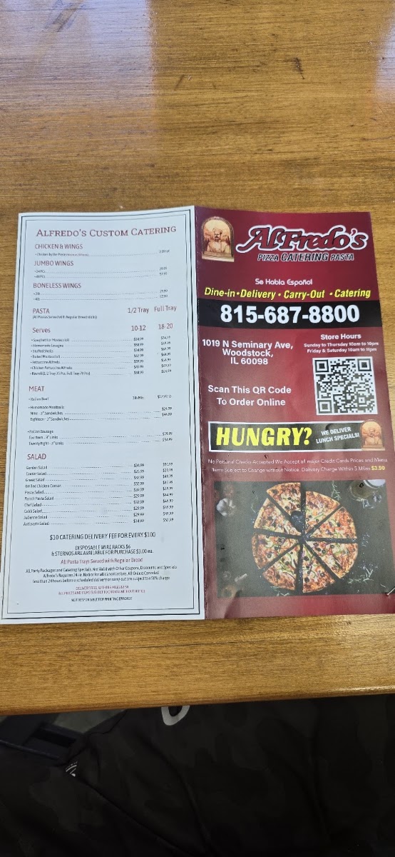 Alfredo's Pizza and Pasta menu board