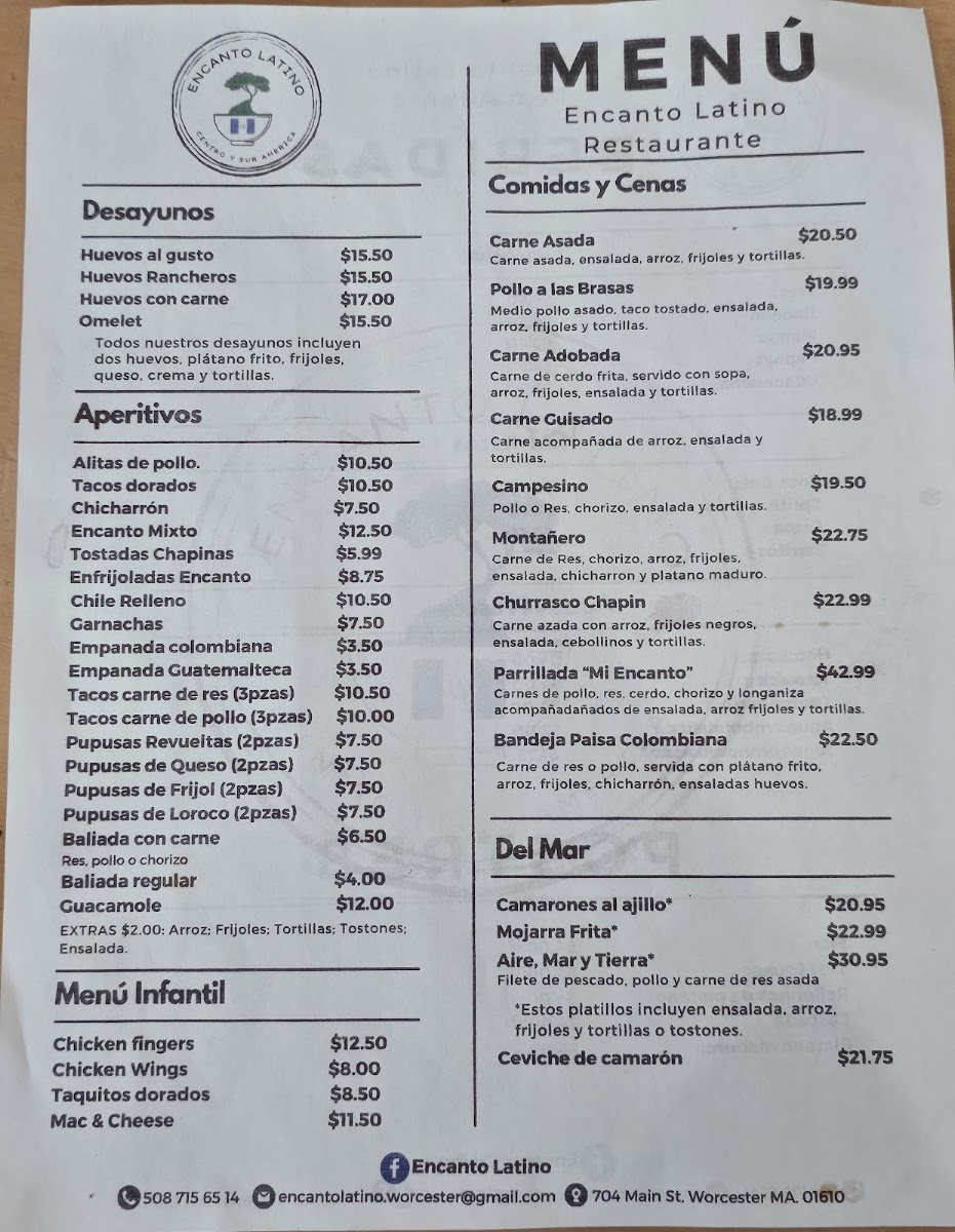 Encanto Latino Restaurante menu board