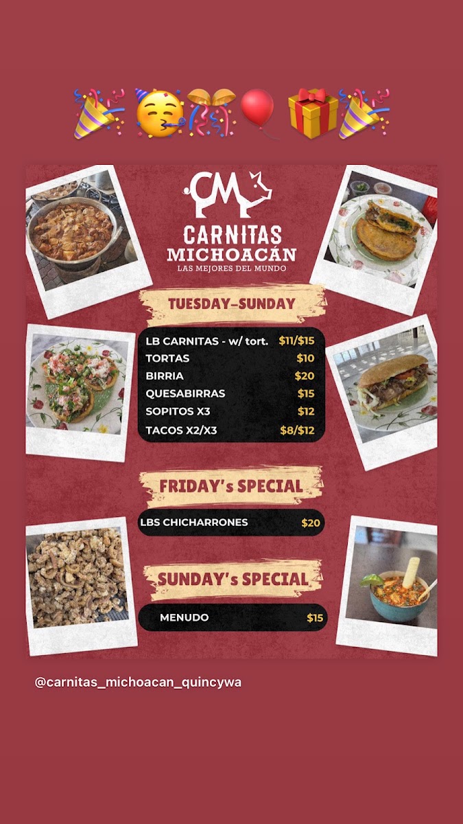 Carnitas Michoacán menu board
