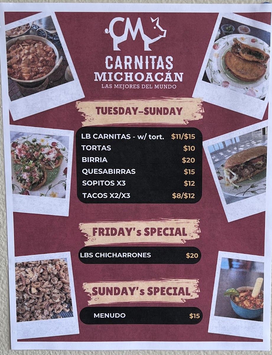 Carnitas Michoacán menu board