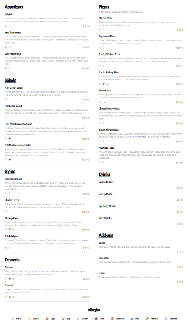 Yum Yum Gyros & More menu board