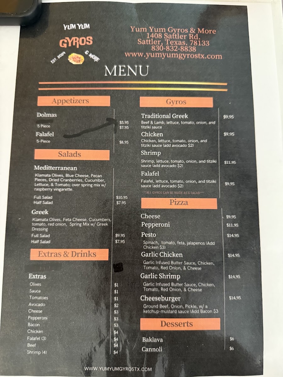 Yum Yum Gyros & More menu board