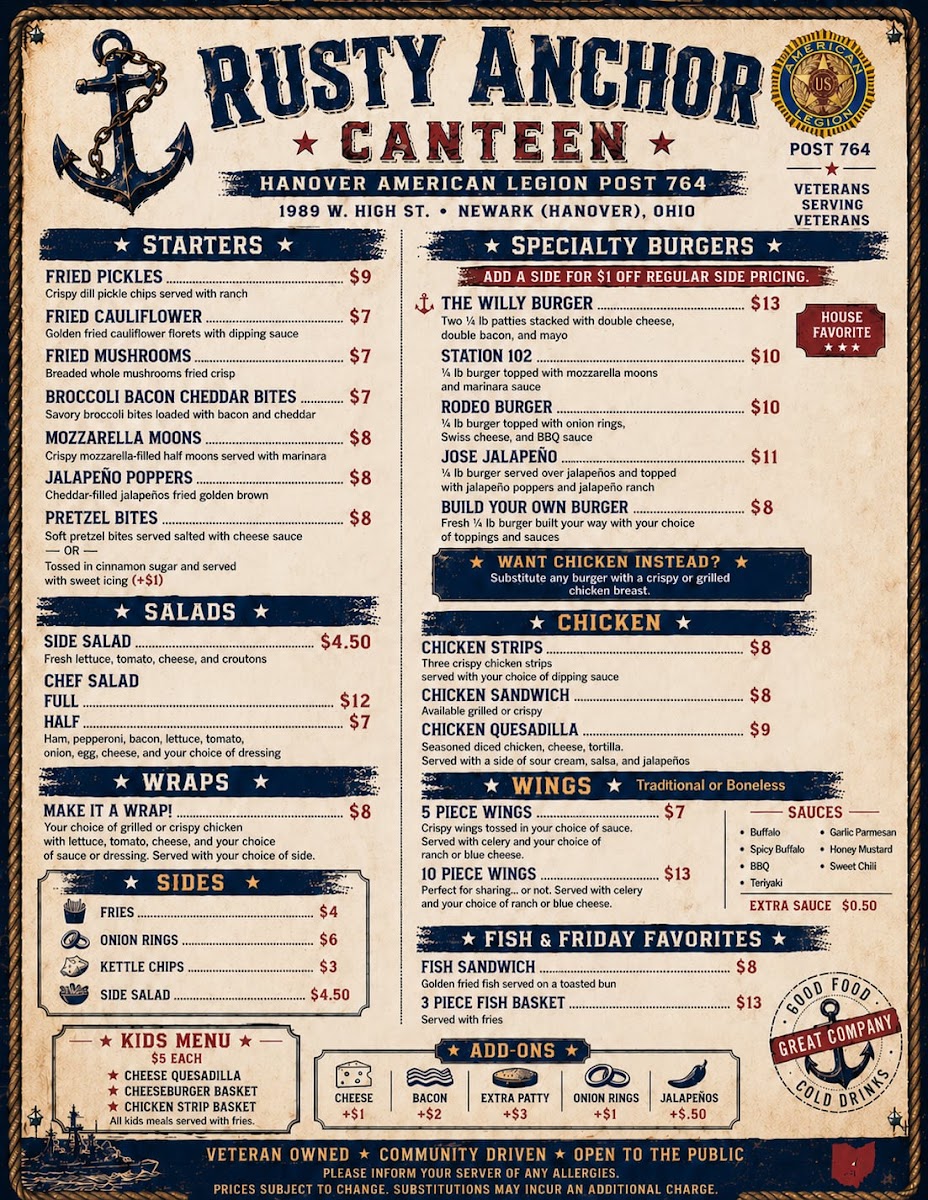 American Legion menu board