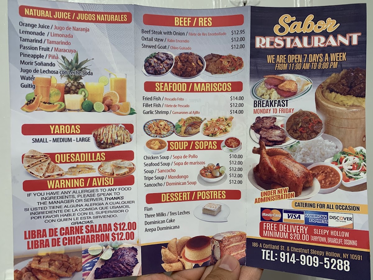 Sabor Restaurant menu board