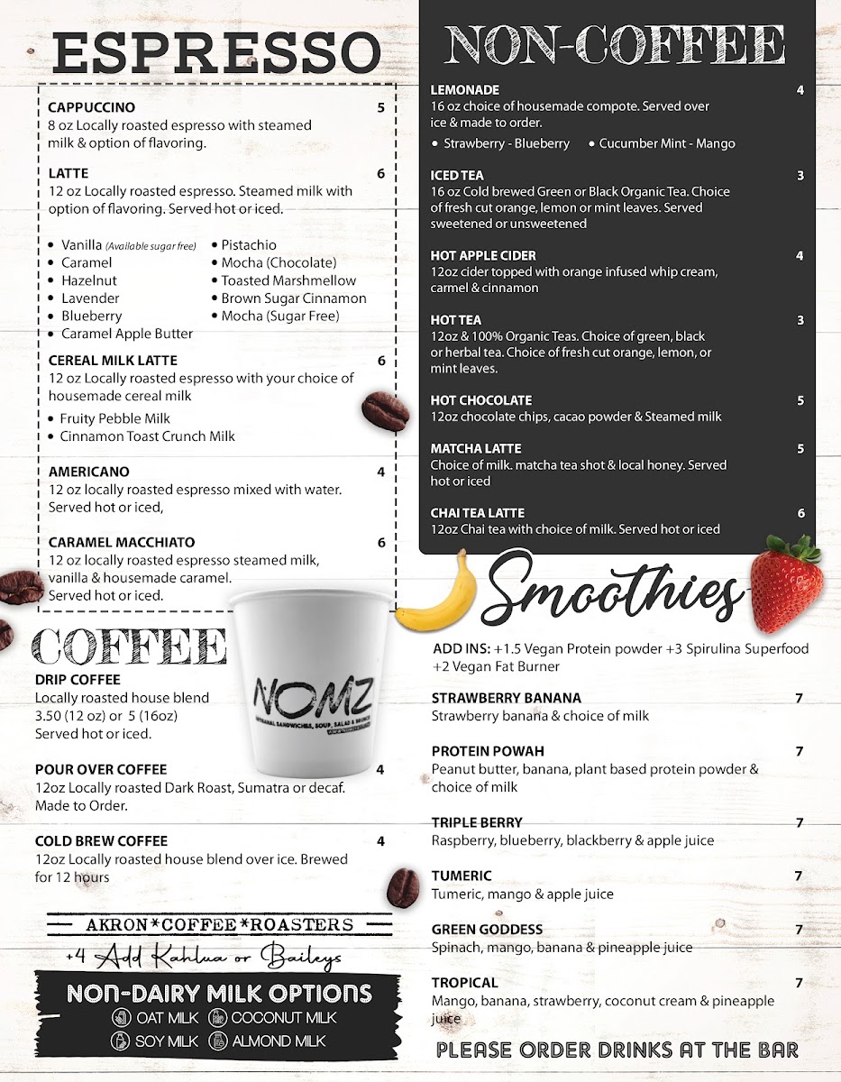 NOMZ - Restaurant & Bar - Akron, OH menu board