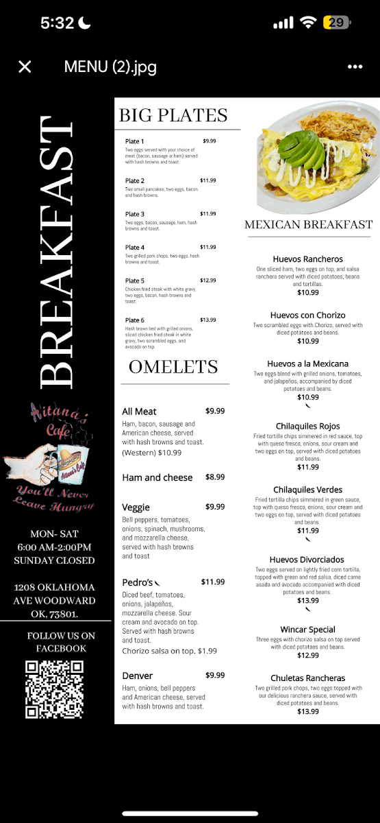 Aitana’s Cafe menu board