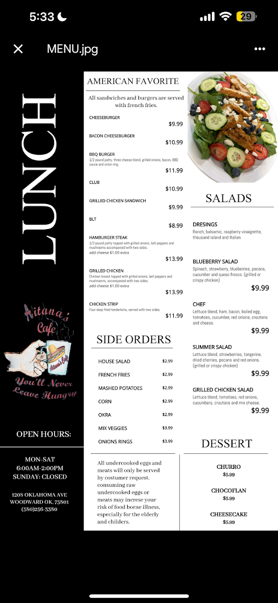 Aitana’s Cafe menu board