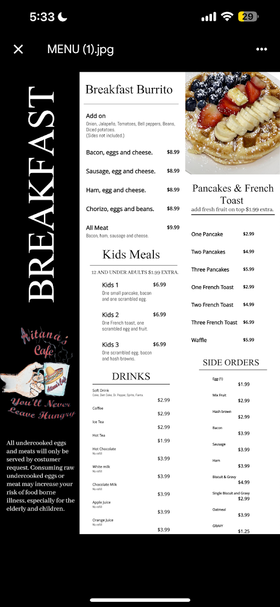 Aitana’s Cafe menu board