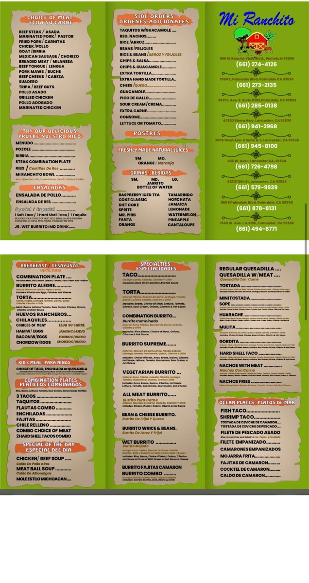 Mi Ranchito Mexican Grill menu board