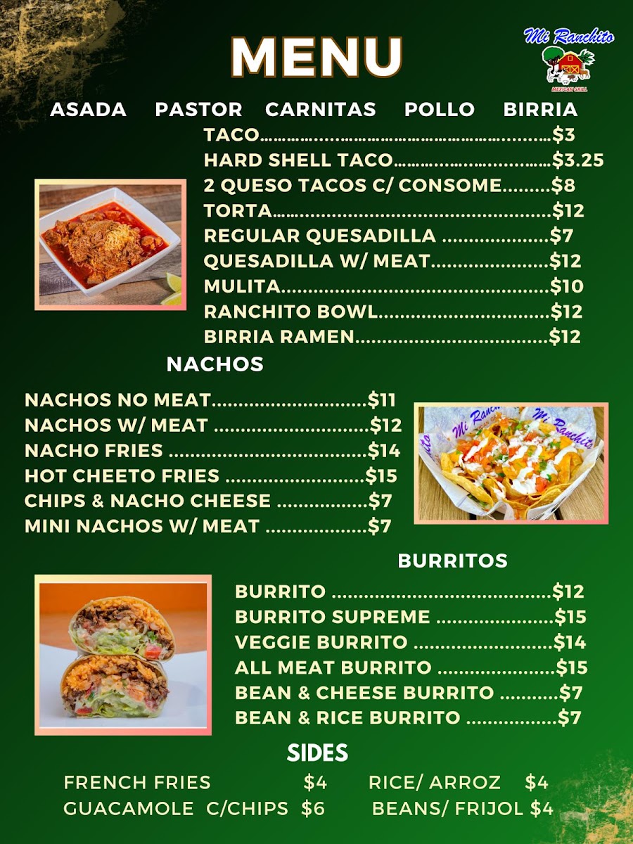 Mi Ranchito Mexican Grill menu board