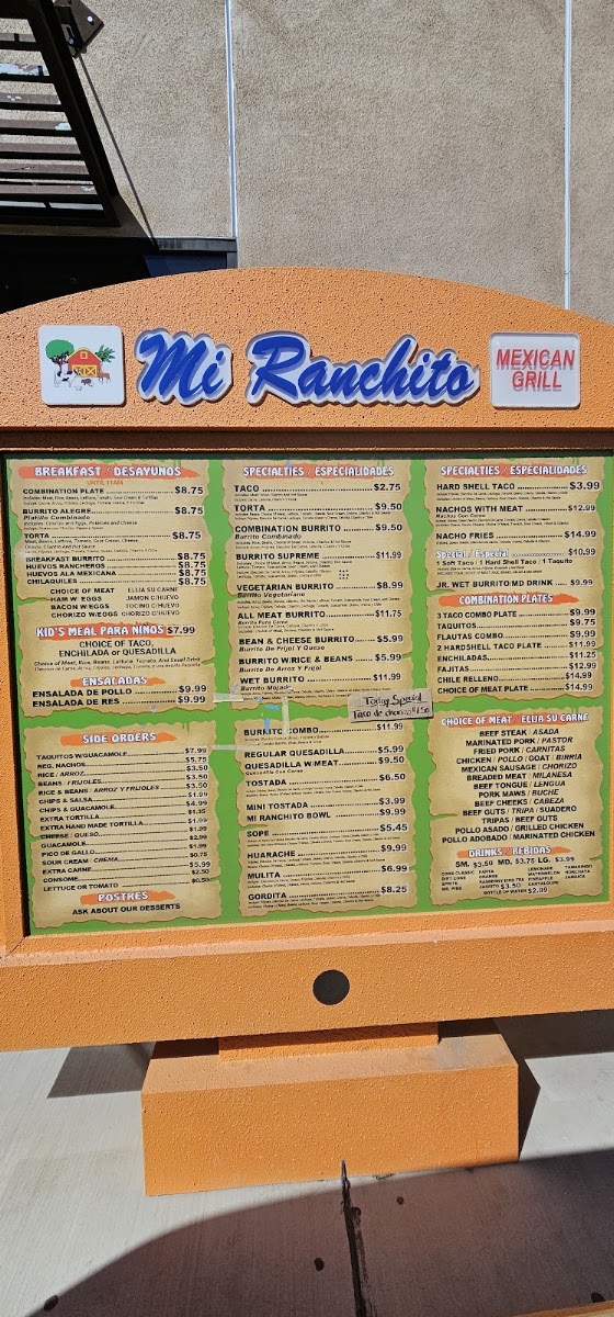 Mi Ranchito Mexican Grill menu board
