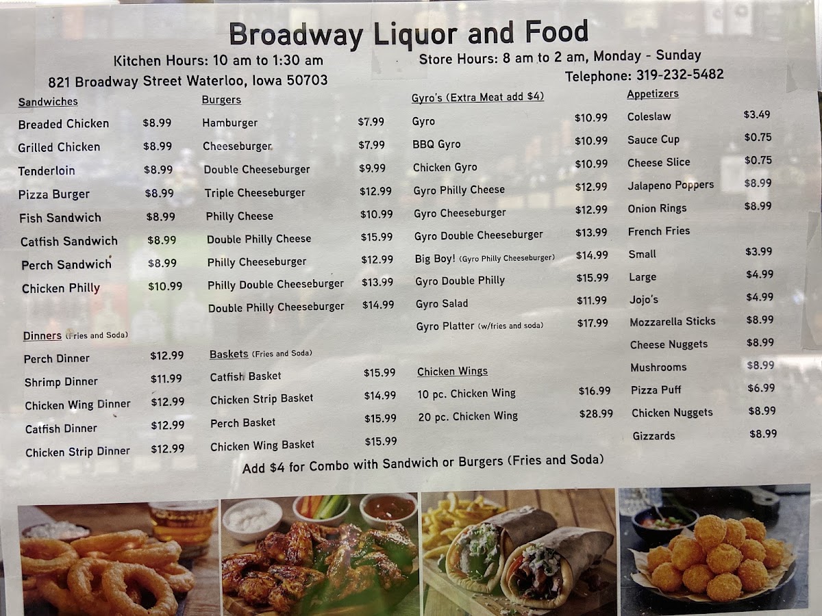 Broadway Liquor & Food menu board
