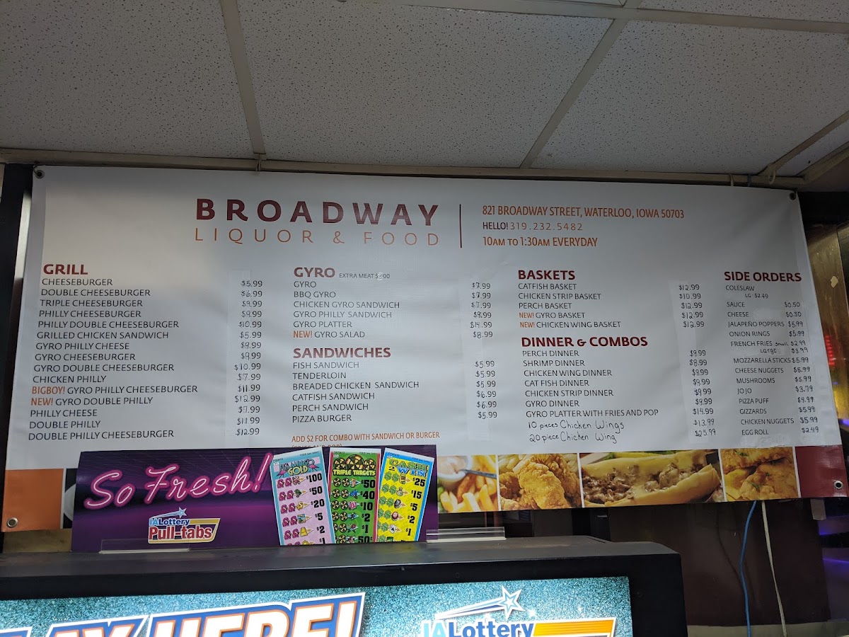 Broadway Liquor & Food menu board