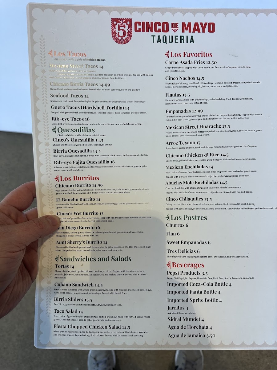 Cinco De Mayo Taqueria menu board