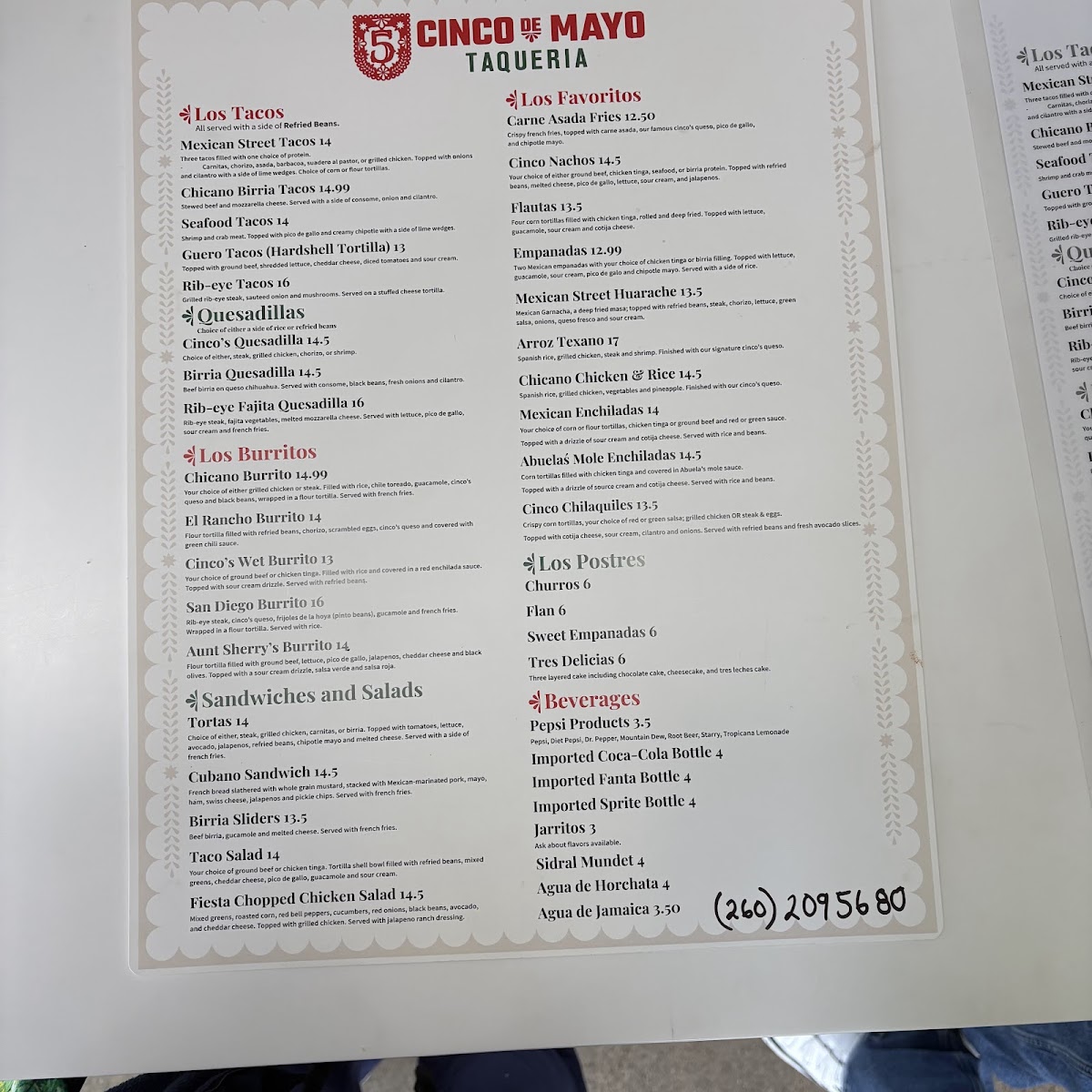 Cinco De Mayo Taqueria menu board
