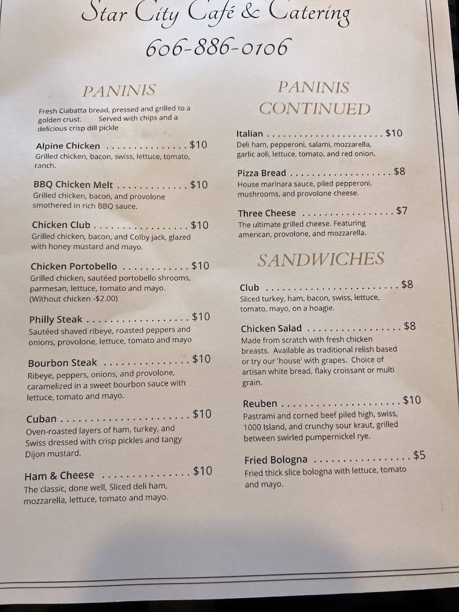 Star City Cafe & Catering menu board