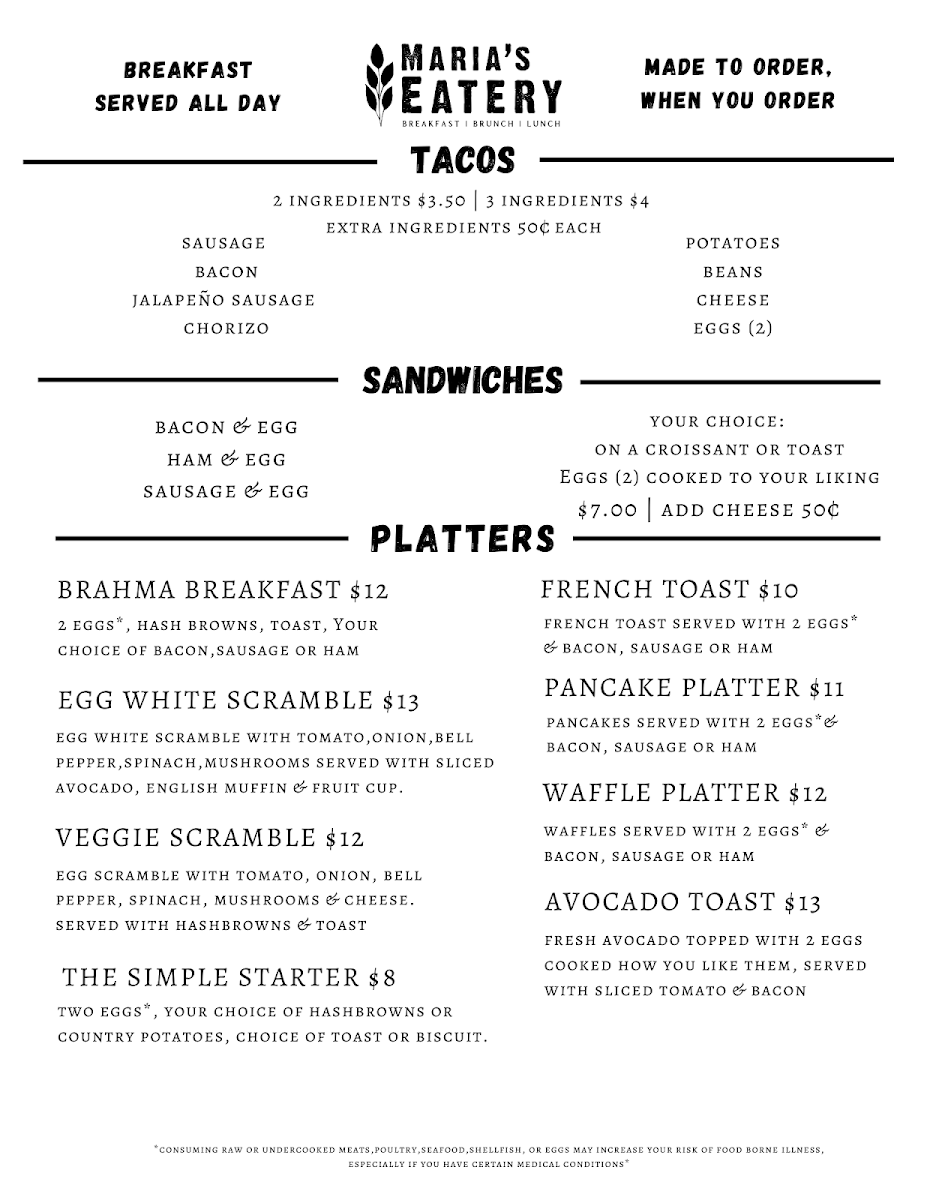 Maria's Eatery menu board
