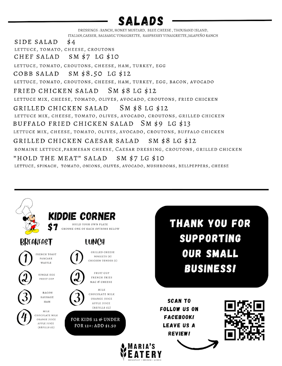 Maria's Eatery menu board