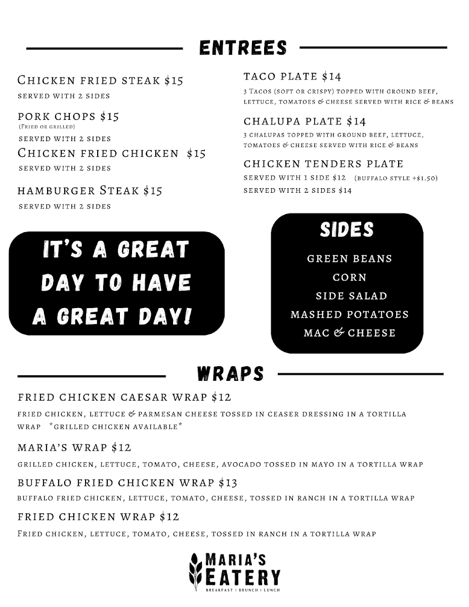 Maria's Eatery menu board
