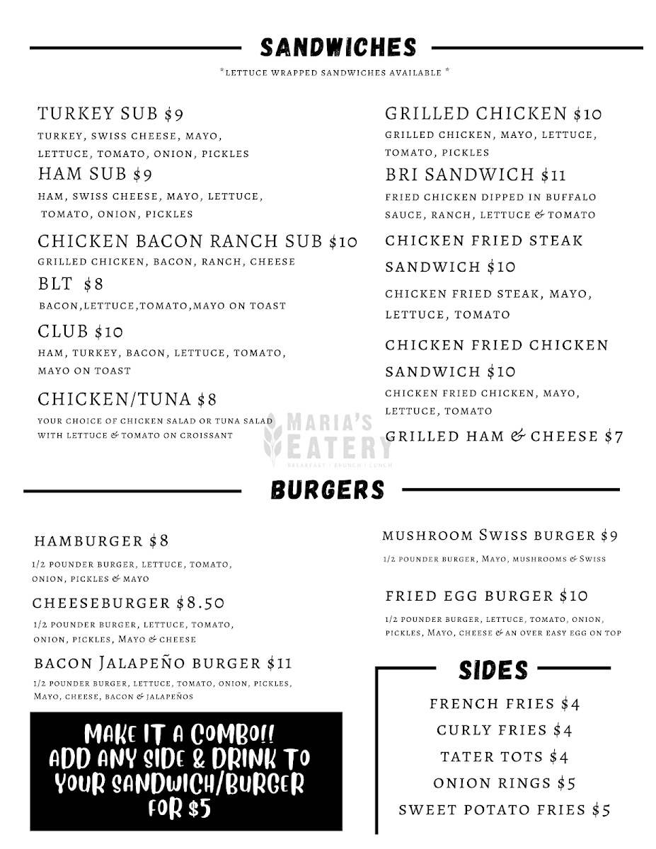 Maria's Eatery menu board