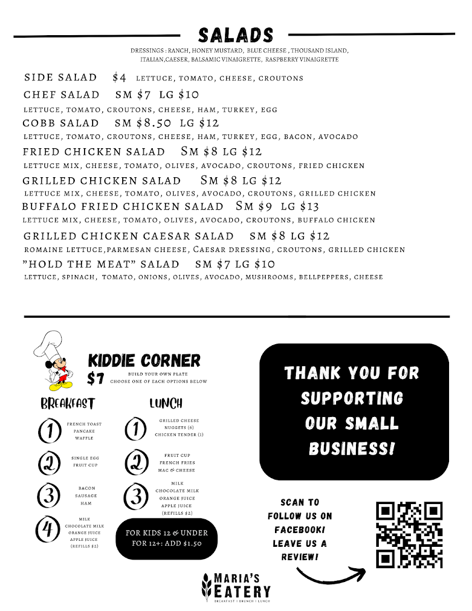 Maria's Eatery menu board