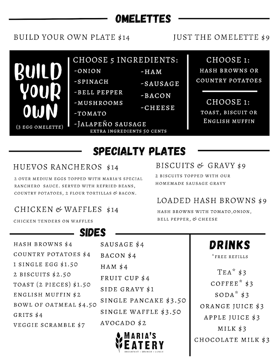 Maria's Eatery menu board