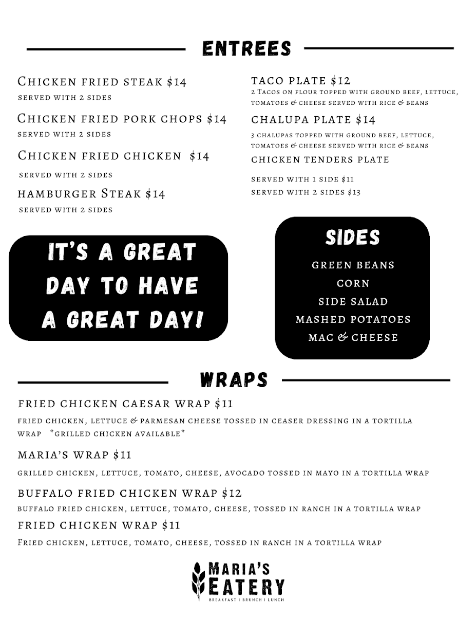 Maria's Eatery menu board