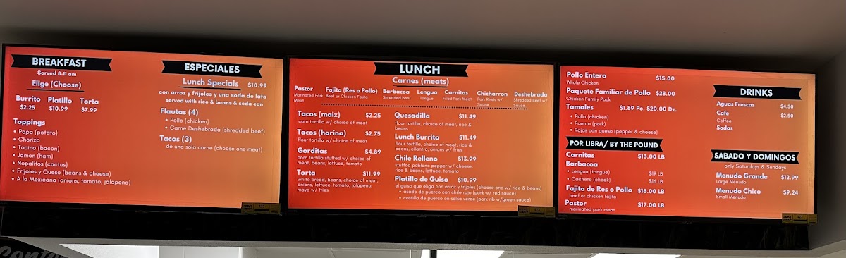 Los Comales Tortilleria menu board